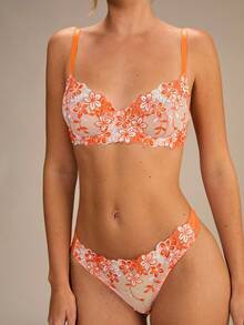 Enchnt 2pcs/Set Pink Romantic Padded Wire Bra & Panty Set For Women, Lingerie - Orange - View 4