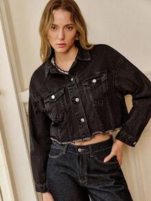 Écloséra 素色毛邊下擺落肩牛仔夾克 - 黑色 - 查看 8