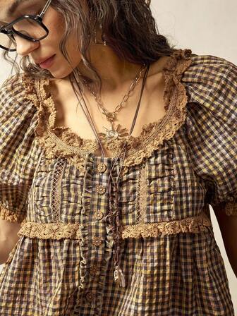 Bohemela 休闲编织格子泡泡短袖V领宽松女式衬衫