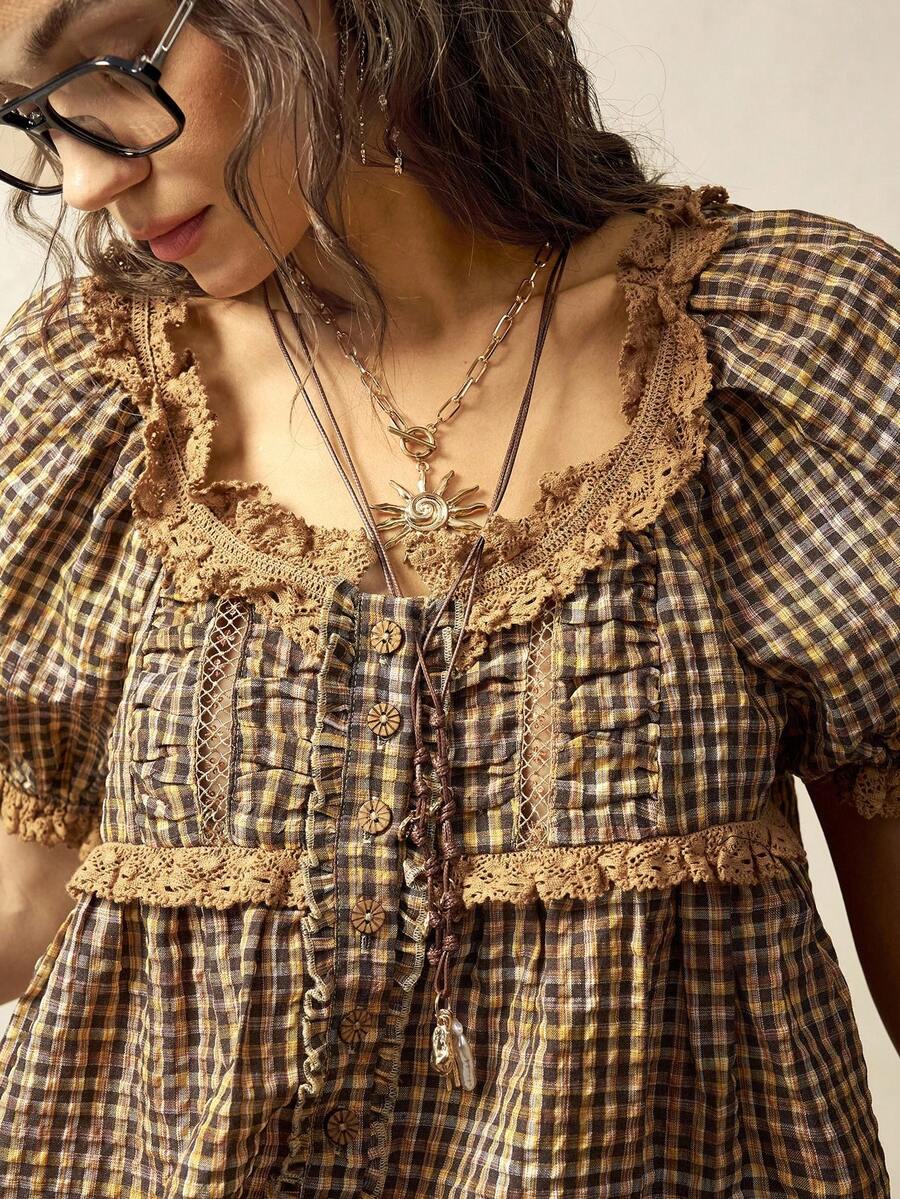 Bohemela 休闲编织格子泡泡短袖V领宽松女式衬衫 - 彩色 - 查看 1