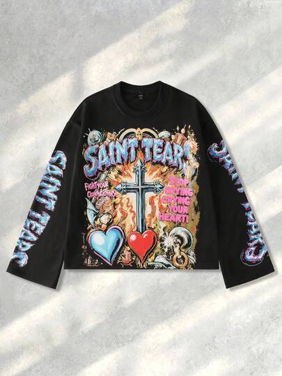 Street Life Men's Casual Cross & Letter Print Crew Neck Long Sleeve Pullover Sweatshirt, Autumn/Winter