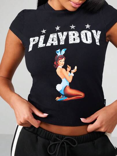 Missguided x Playboy 超大号婴儿 T 恤图案印花经典修身短袖上衣海报女郎复古风格星星图案夏季俱乐部休闲派对时尚短款基本款 T 恤