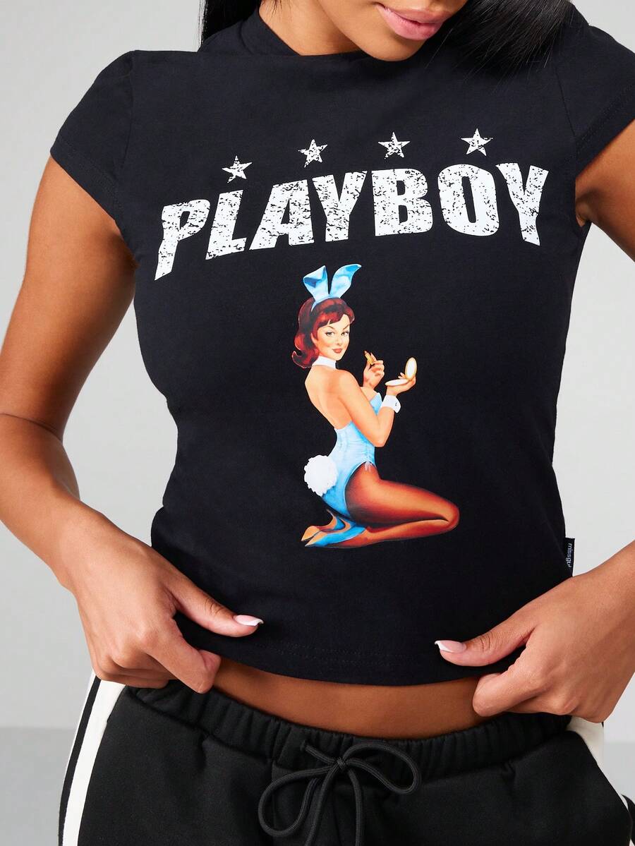Missguided x Playboy 超大号婴儿 T 恤图案印花经典修身短袖上衣海报女郎复古风格星星图案夏季俱乐部休闲派对时尚短款基本款 T 恤 - 黑色 - 查看 1