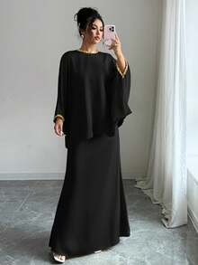 Elenzga 女士圆领蝙蝠袖衬衫和鱼尾中长裙优雅两件套 - 黑色 - 查看 3