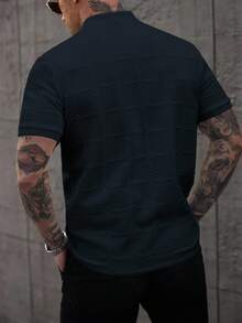 Manfinity Homme 男士纯色休闲立领短袖 Polo 衫 男士纽扣针织 Polo 衫 男士 Polo 衫 男士高尔夫球衫 男士针织衬衫 男装 - 藏蓝色 - 查看 2