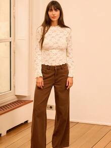 lacRébo Cream Romantic Vintage Lace Long Sleeve High Neck Top With Scallop Edge Detail Fall Women Clothes Autumn Outfits Fall Women Clothes Autumn Winter Lace Top Going Out Top