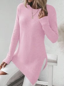 SHEIN Jersey asimétrico de unicolor con abertura lateral, otoño/invierno - Rosa - Ver 4