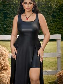 SHEIN EZwear Plus Size PU Leather Slit Backless Tank Top And Leggings Set - Black - View 3