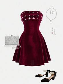SHEIN 青少年女孩休闲日常外出串珠天鹅绒腰部收紧吊带裙，适合生日派对、红色连衣裙、圣诞节、新年 - 酒紅色 - 查看 3