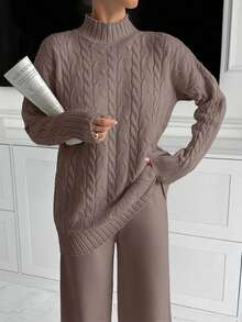 EURMUSE Women High Neck Sweater And Maxi Sweater Skirt 2 Two Pieces Set Co-Ords - Mocha Brown - View 3
