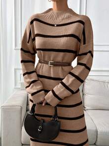 SHEIN Tall Apricot And Brown Striped Thick And Maxi Sweater Dress, Tall Women - Camel - View 3