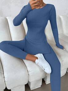 EURMUSE 2pcs Women Casual Commuting Solid Color Ribbed Slit Hem Fitted Long Sleeve T-Shirt And Pants Set, Spring/Autumn - Dusty Blue - View 5
