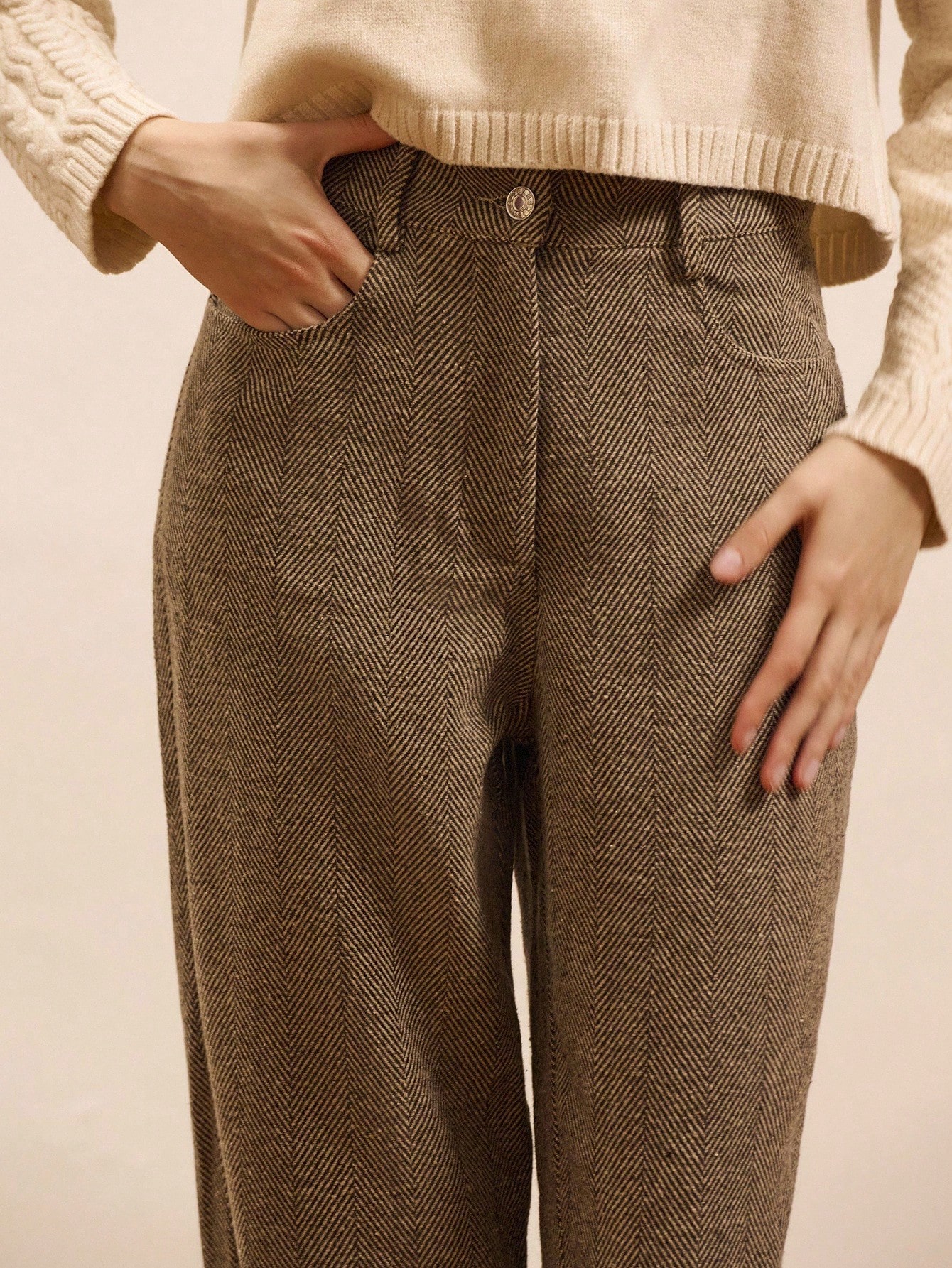 Braune Fischgrät-Hose mit hoher Taille, elegante Premium-Hose für Frühling und Sommer, Business-Lässig, französischer Stil