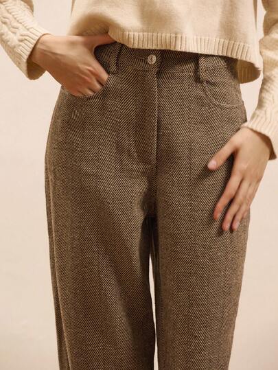 lacRébo 棕色人字纹高腰修身长裤，优雅秋冬