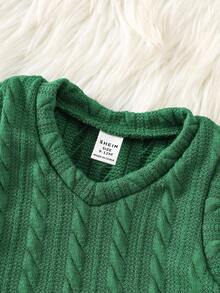 SHEIN Baby Girl Blue Knit Vest + White Long Sleeve Shirt + Plaid Print Skirt 3-Piece Set Green Plaid Skirt Outfit - Dark Green - View 8
