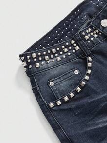 ROMWE Grunge Punk Y2K Punk Rivet Waistband Cross Decor Distressed Vintage Wash Skinny Flare Jeans - Dark Grey - View 4