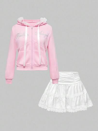 Kawaii Damen süßer Glitzer-Text Schleifenhut mit Flügeln & weißem Kuchenrock 2 Stücke Set, Herbst/Winter