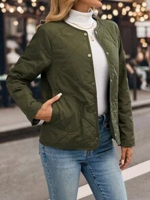 EMERY ROSE Abrigo acolchado con botones para mujer, cálido para otoño/invierno - Verde militar - Ver 1