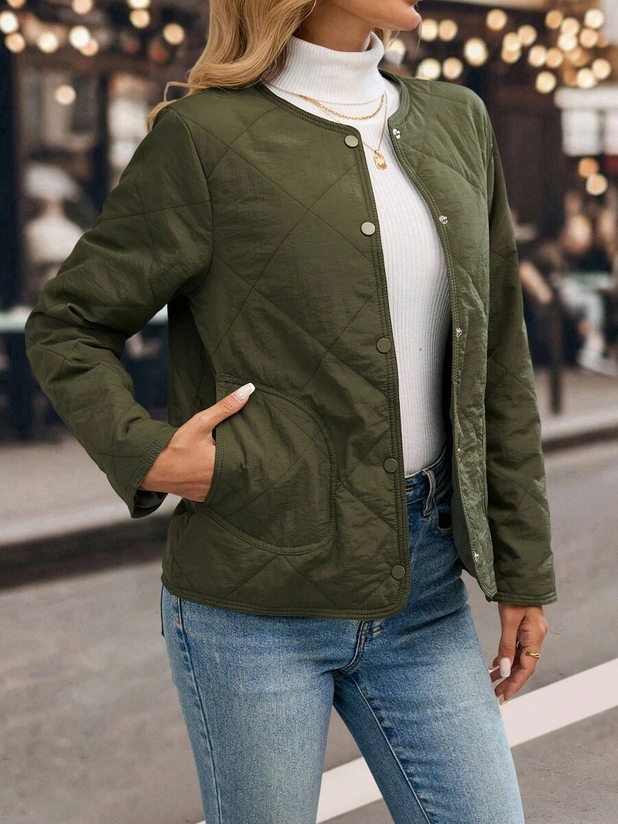 EMERY ROSE Abrigo acolchado con botones para mujer, cálido para otoño/invierno - Verde militar - Ver 1