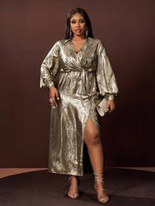 Veslaya Robe femme grande taille automne/hiver 2025, robe de cocktail moulante à col V profond et manches longues, élégante. Convient pour les concerts de musique country, les invités de mariage, les sorties en amoureux, les soirées de gala - Champagne - Voir 6