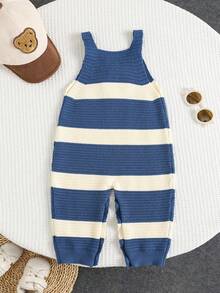 SHEIN Newborn Baby Unisex Cute Striped Cartoon Pattern Romper With Bib Overalls, Sweater, Autumn/Winter Baby Clothes Fall - Multicolor - View 2