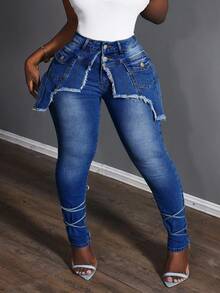 Slaydiva Quần Jeans Skinny Thời Trang Thường Ngày Cho Nữ Cỡ Lớn - Rửa tối - Xem 1