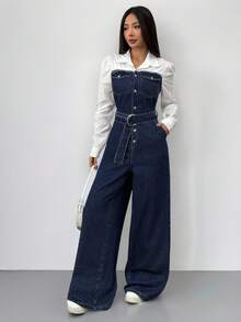 Siren Gaze 女式牛仔背带裤和连体裤，休闲修身长袖 - 深色水洗藍 - 查看 7