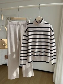SHEIN Sparklyn 2 件套青少年女童毛衣套装，简约撞色高领毛衣和裤子，条纹宽松针织套头毛衣和裤子，适合 2025 年秋季新品