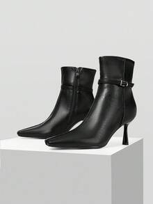 Mnmlis 欧美风格女士方头高跟踝靴，百搭细跟短靴，2025年秋冬新品 - 黑色 - 查看 2