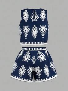 SHEIN Tween Girl Casual Fitted Vacation Print Crew Neck Cropped Sleeveless Tank Top And Shorts Woven Set - Navy Blue - View 4