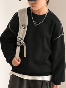 SHEIN Tween Boy Casual Korean Style Loose Fit Contrast Color Round Neck Sweatshirt, Suitable For Commuting, School, Daily Casual Wear, Sports, Autumn/Winter