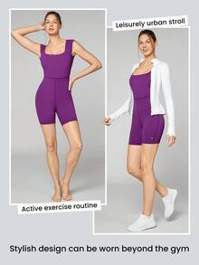 GLOWMODE 6" FeatherFit™ Square Neck Knotted Romper Bodysuit Light Support Yoga Pilates Studio Gym Daily - Purple - View 6