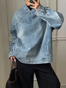 DAZY 西部牛仔女装做旧洗水宽松连帽长袖口袋休闲街头牛仔夹克，适合秋冬女士 - 藍色 - 查看 4