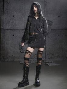 Bloopia 复古美式街头摇滚叛逆时尚个性百搭女装秋冬万圣节新品舒适罗纹针织面料前拉链可调节抽绳短款连帽衫和迷你裙两件套 - 灰色 - 查看 3