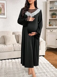 Moonlight & Mama Women's Casual Contrast Color Lace Sheer Mesh Patchwork Long Sleeve Maternity Nightgown, Winter