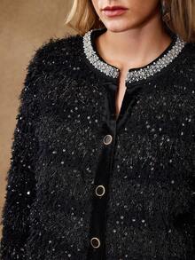 MOTF PREMIUM 亮片毛绒人造珍珠串珠饰边夹克 - 黑色 - 查看 2