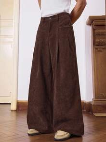 SWAVVY 男士休闲纯色灯芯绒阔腿裤，秋冬 - 棕色 - 查看 2