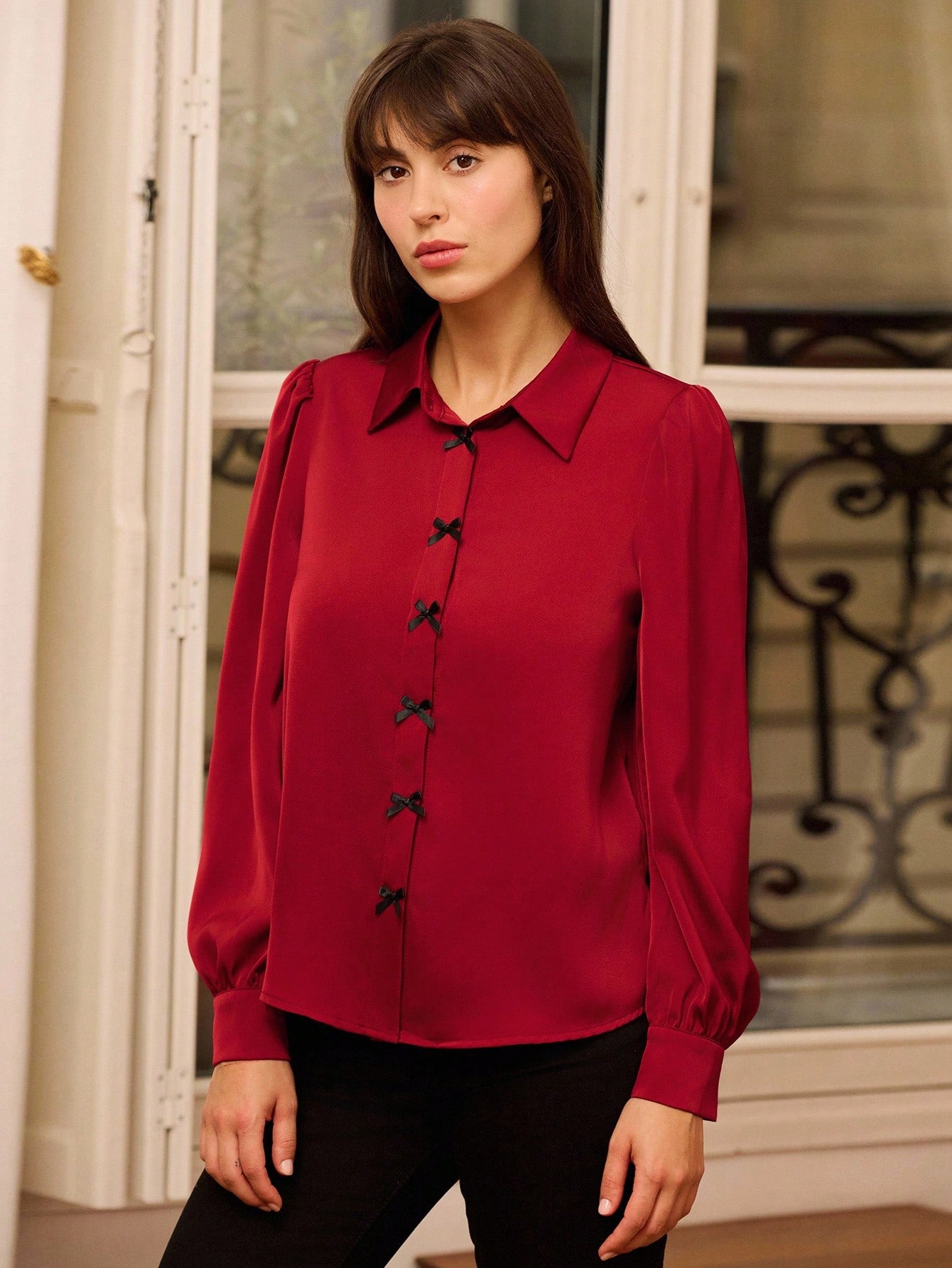 Camisa de satén rojo con detalles de lazos negros, blusa de mujer para otoño, invierno, Navidad, Año Nuevo, casual de negocios para la oficina
