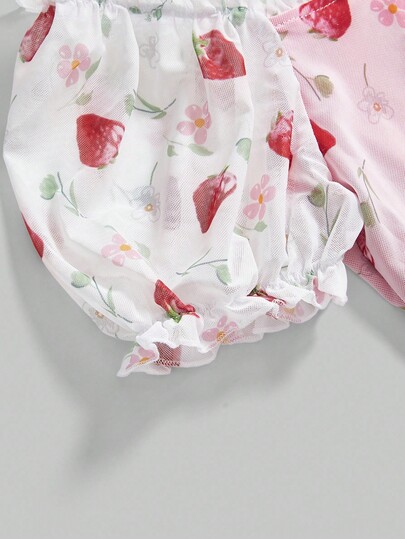 Kawaii Top à manches bouffantes avec imprimé fraise sur tout le vêtement, de style poupée mignon pour femmes