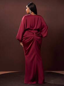 Veslaya Burgundy Autumn Elegant Formal Wedding Plus Size Women's Dress,Satin V-Neck Long Sleeve Ruched Waist Maxi Dress With High Slit For Party Date Night - Burgundy - View 2