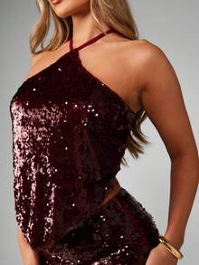 MISSGUIDED Luxury Burgundy Sequin Halterneck Crop Top Party Club Evening Holiday Festival Glam Occasion Wear - Red - View 6