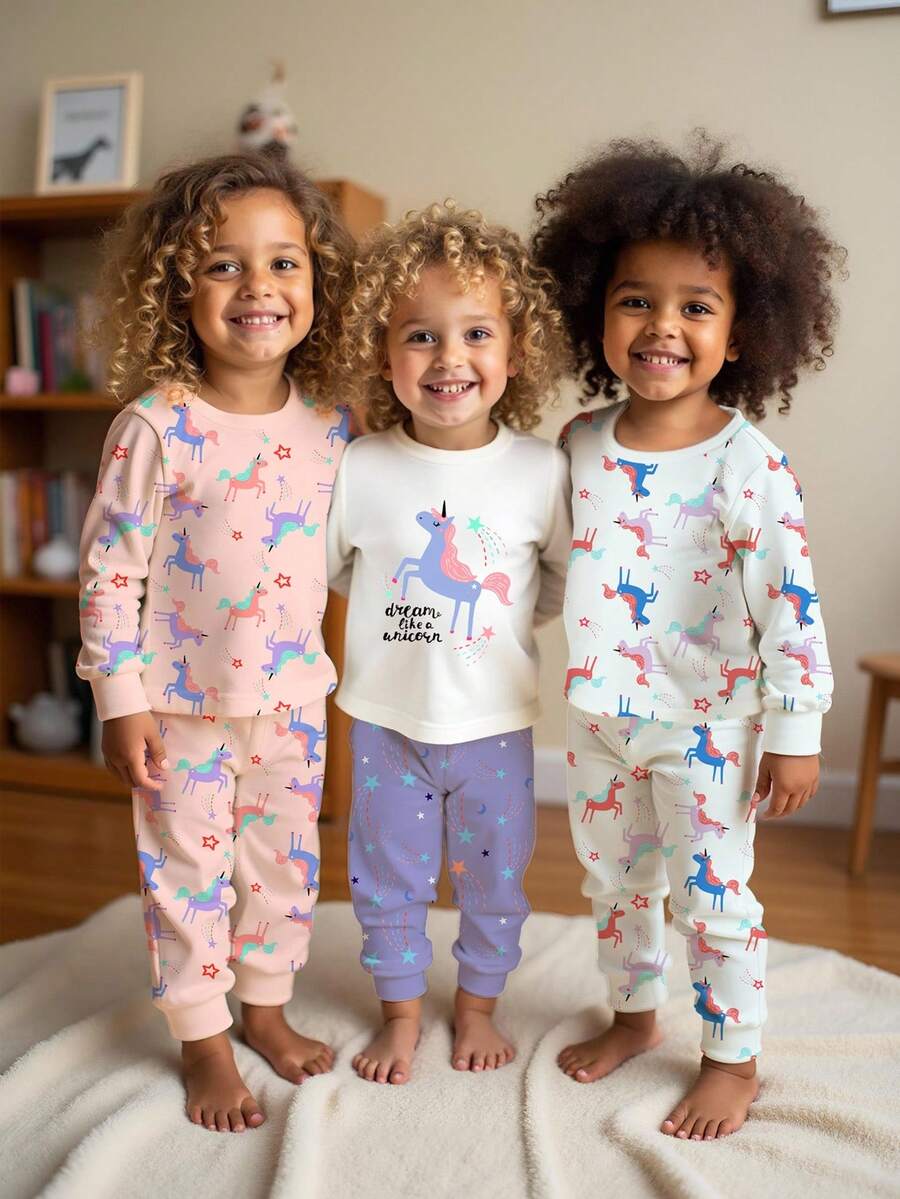 Set de 3 piezas de pijama de niña con camiseta de manga larga y pantalones con estampado de unicornio de dibujos animados