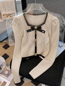 GlowEve 时尚新款拼色方领泡泡袖亮片蝴蝶结玫瑰金属纽扣长袖针织二合一女式短款 T 恤，适合派对、节日、圣诞节、万圣节、度假、约会 - 杏色 - 查看 5