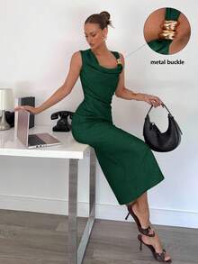 Siren Gaze 女士休闲假日连衣裙，优雅不对称设计金属扣长裙女士，鸡尾酒会礼服秋季连衣裙女士派对露肩连衣裙 - 墨綠色 - 查看 5