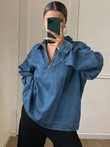 DAZY 女士宽松翻领休闲牛仔衬衫长袖 - 中等水洗藍 - 查看 5