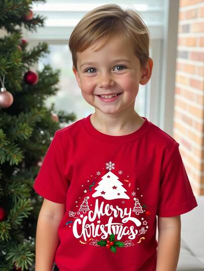 SHEIN Boys' Casual Classic Christmas Warm & Comfortable T-Shirt With Star, Christmas Tree, Santa Bear, Reindeer Graphic, Loose Fit Short Sleeve Tee Suitable For Summer