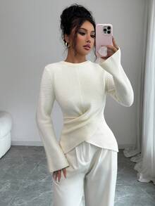 Elenzga كنزة صوفية نسائية أنيقة ذات لون أحادي مع أكمام واسعة متقاطعة - أبيض - مشاهدة 4