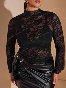 GORGLITTER Top Donna In Pizzo Trasparente – Maniche Lunghe Scollo A V – Elegante - copertina