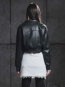 Bloopia 复古叛逆摇滚街头风时尚休闲简约女式秋冬万圣节设计创意实用口袋拉链皮夹克 - 黑色 - 查看 2
