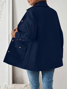 EMERY ROSE Women's Navy Blue Fashionable Front Button Pocket Casual Jacket Coat